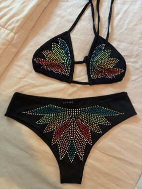 Banjul Black Bikini Set with Multicolor Crystal Fan Accents